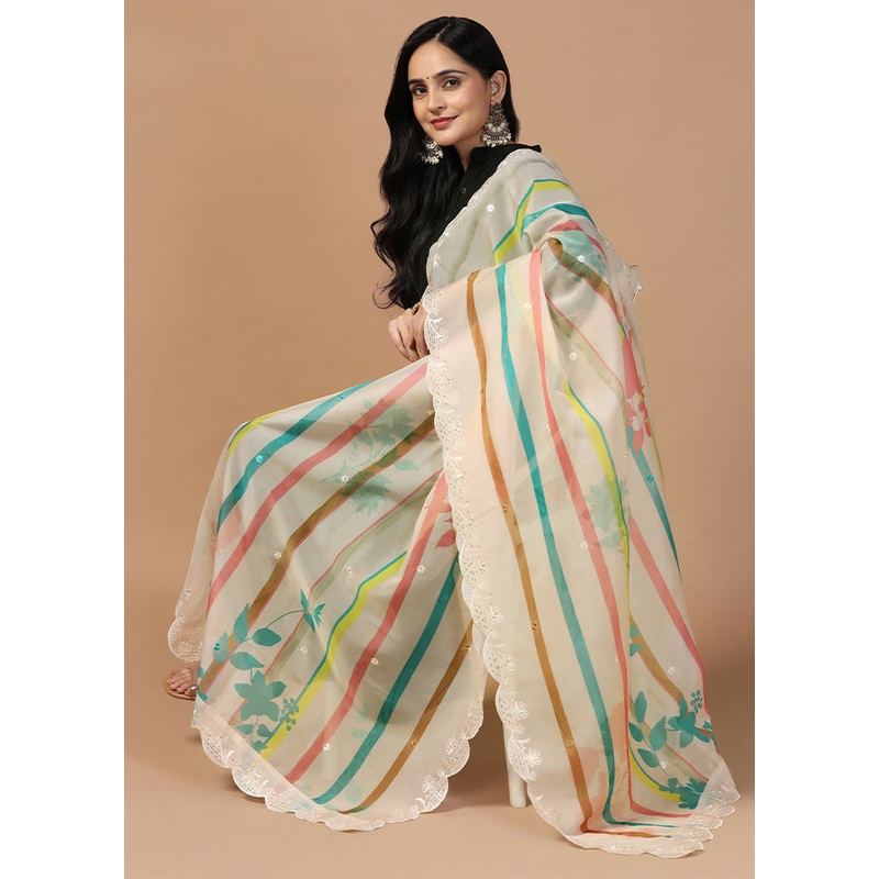 Peach Organza Embroidered Work Dupatta - JD986613274