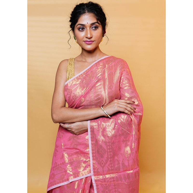 Pink Cotton Saree With Blouse Piece - JD986613182