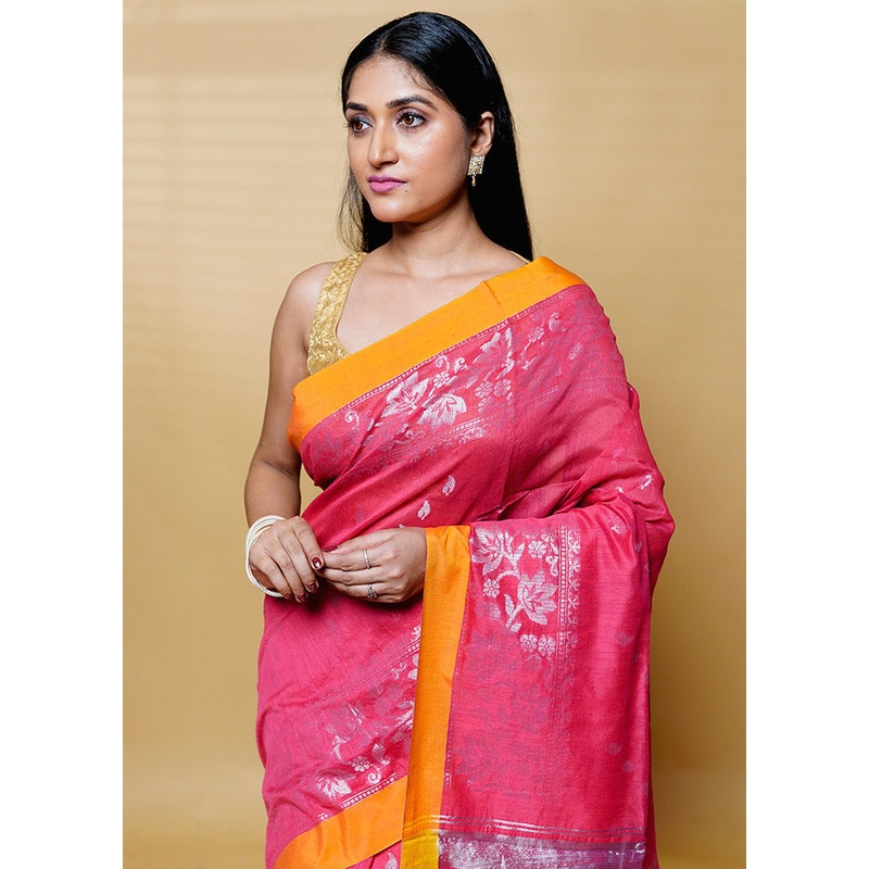 Pink Cotton Saree With Blouse Piece - JD986613183