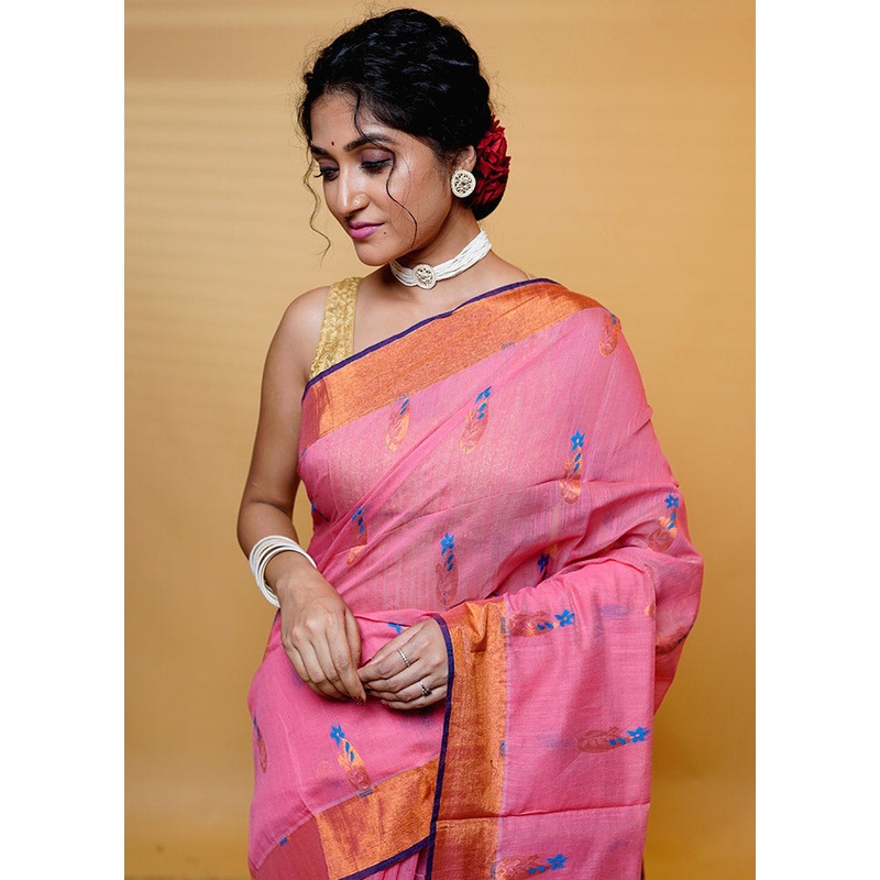 Pink Cotton Saree With Blouse Piece - JD986613184