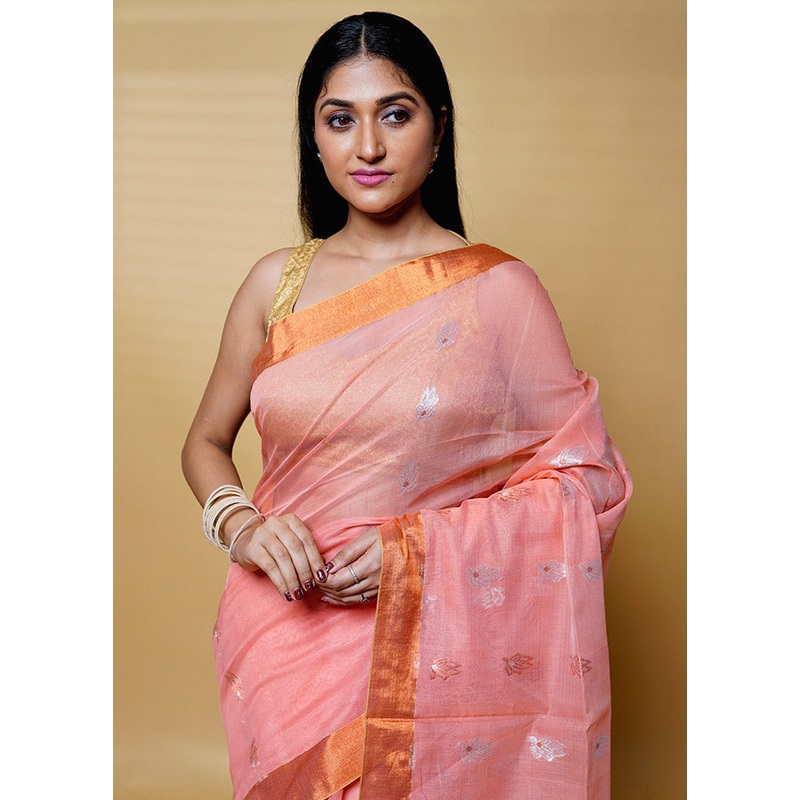 Pink Cotton Saree With Blouse Piece - JD986613185