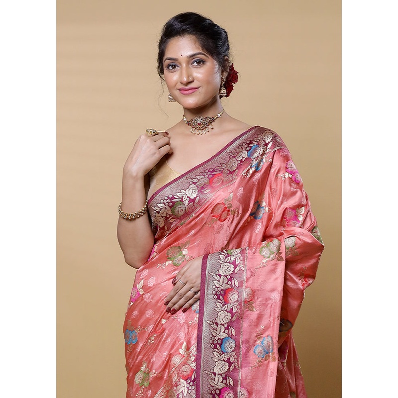 Pink Dupion Silk Saree With Blouse Piece - JD986613189
