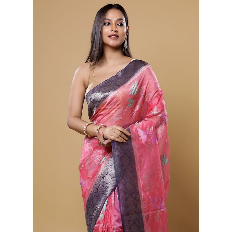 Pink Organza Saree With Blouse Piece - JD986613166