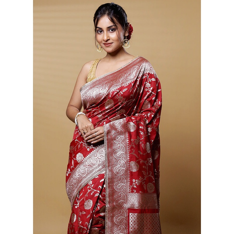 Red Dupion Silk Saree With Blouse Piece - JD986613176