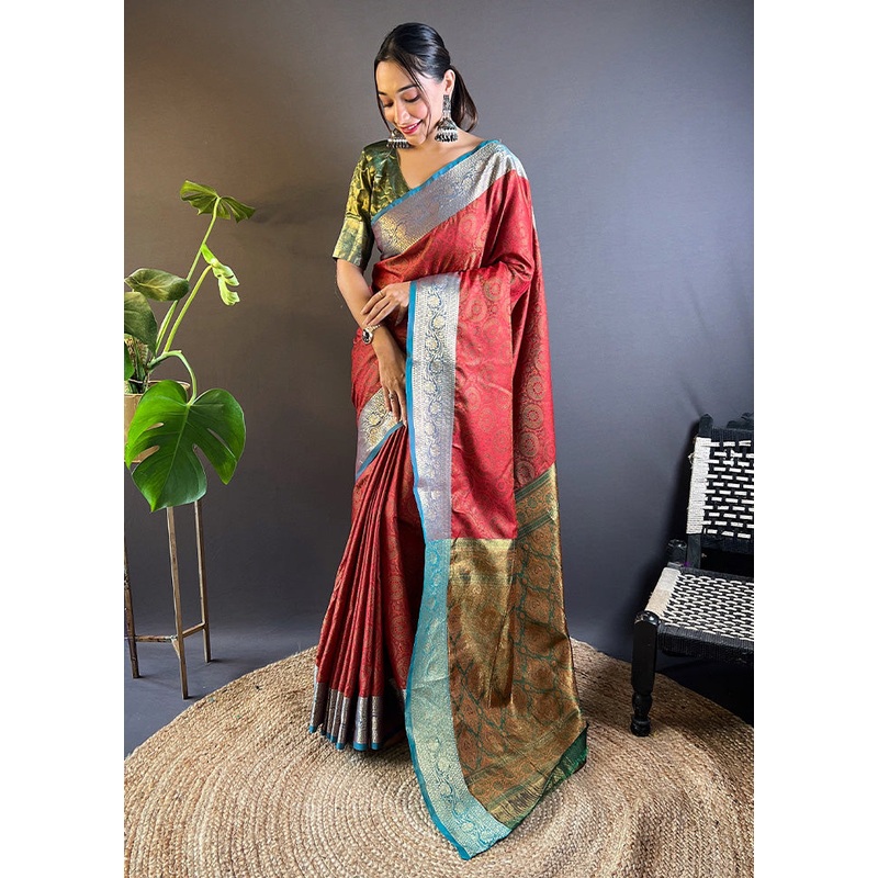 Red Dupion Silk Saree With Blouse Piece - JD986613279