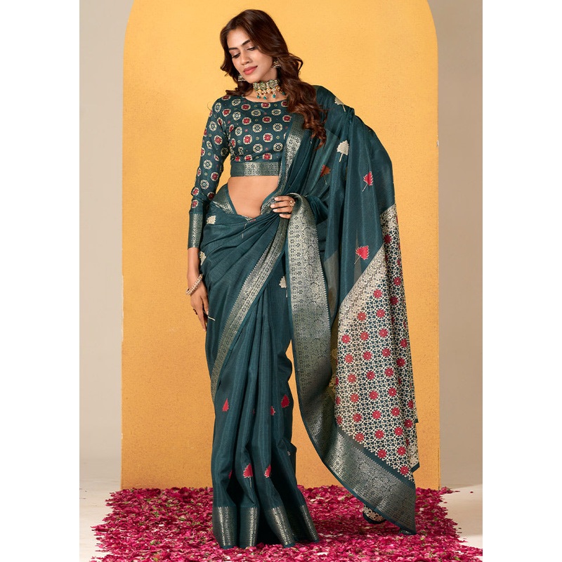 Teal Blue Dupion Silk Saree With Blouse Piece - JD986613278