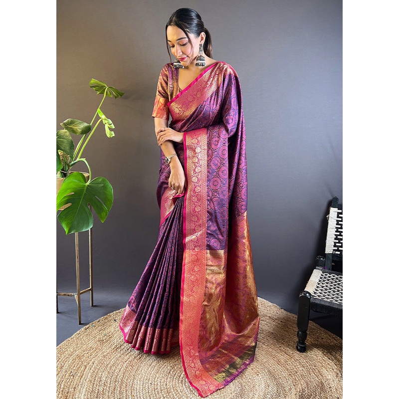 Violet Dupion Silk Saree With Blouse Piece - JD986613277