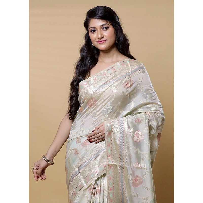 White Kora Silk Saree With Blouse Piece - JD986613192