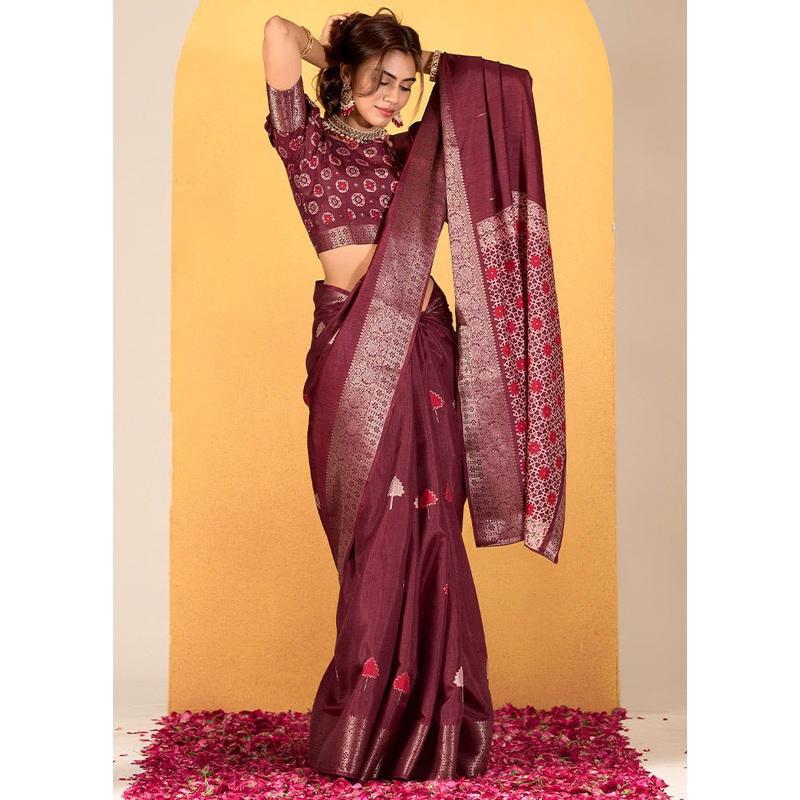 Wine Dupion Silk Saree With Blouse Piece - JD986613276