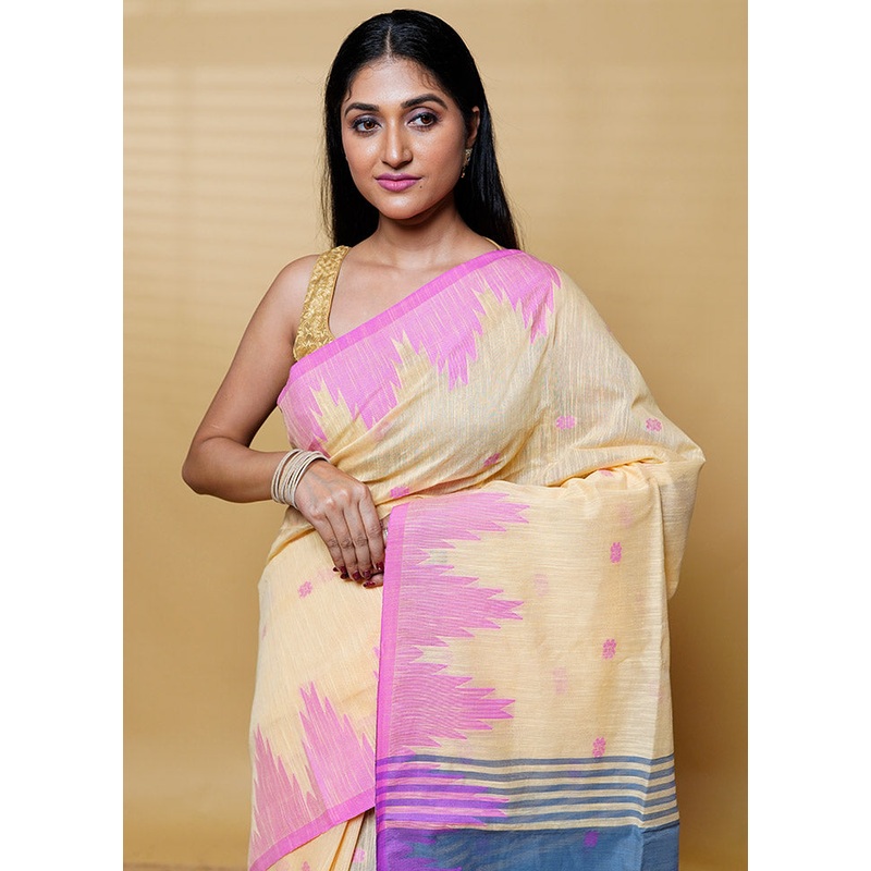 Yellow Cotton Saree With Blouse Piece - JD986613168