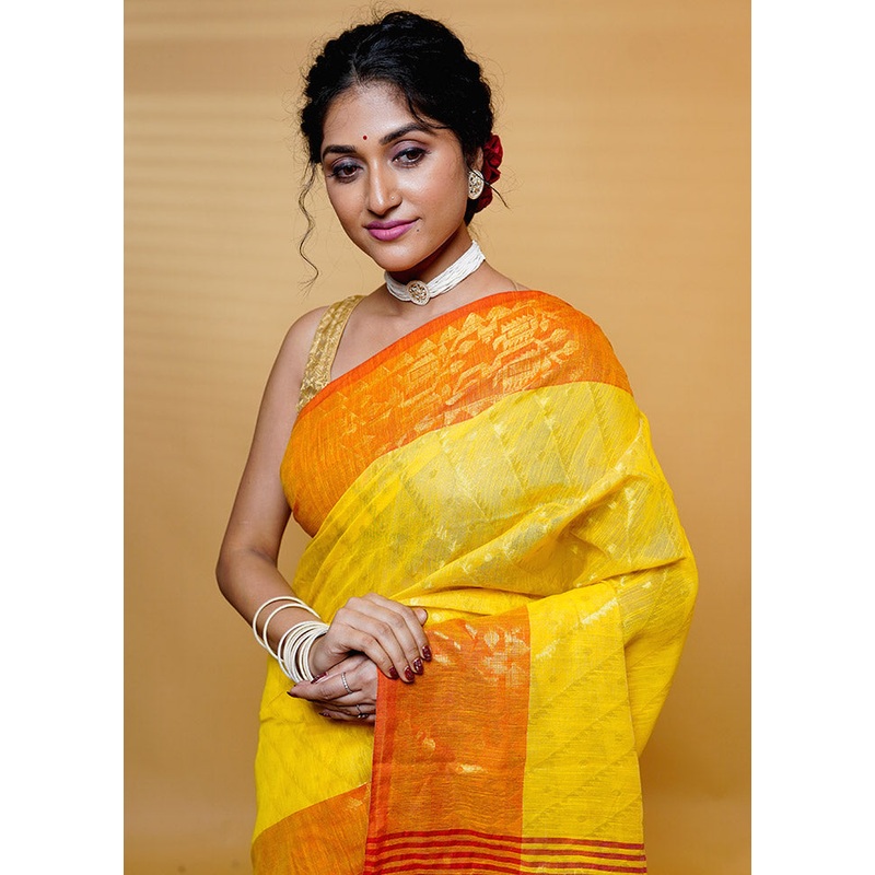 Yellow Cotton Saree With Blouse Piece - JD986613169