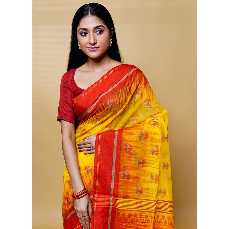 Yellow Cotton Saree With Blouse Piece - JD986613170