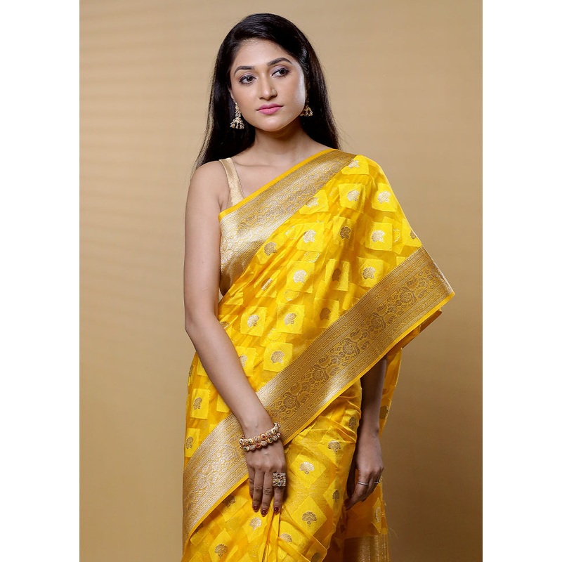 Yellow Dupion Silk Saree With Blouse Piece - JD986613141