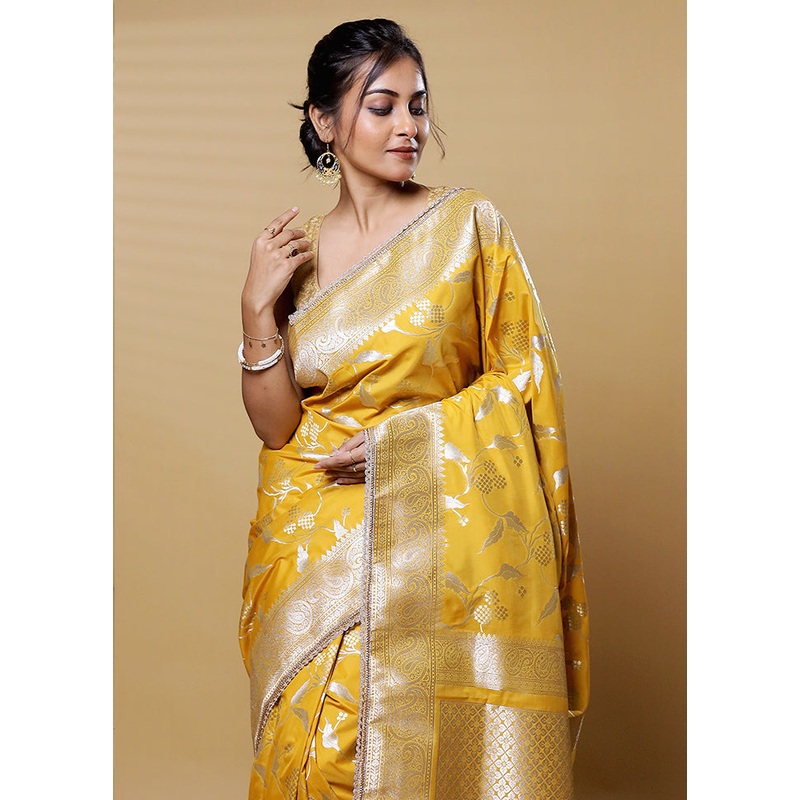 Yellow Dupion Silk Saree With Blouse Piece - JD986613171