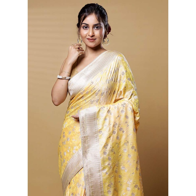 Yellow Dupion Silk Saree With Blouse Piece - JD986613172