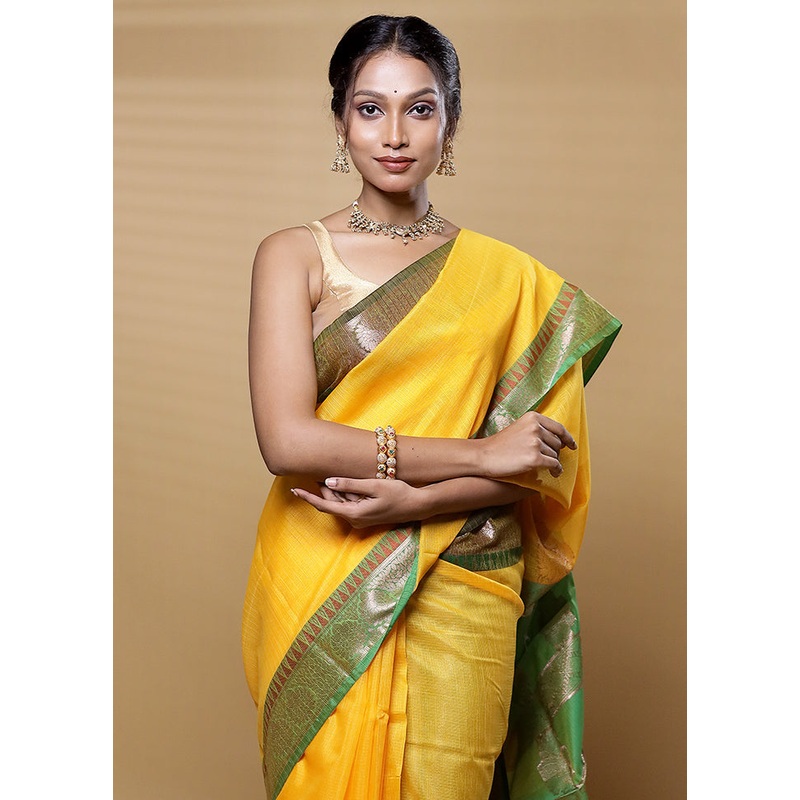 Yellow Kota Cotton Saree With Blouse Piece - JD986613289
