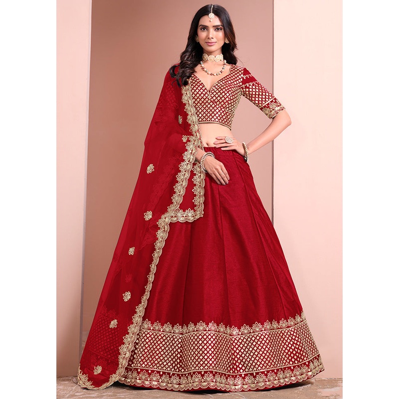 3 Pc Maroon Silk Semi Stitched Lehenga Set - JD986612998