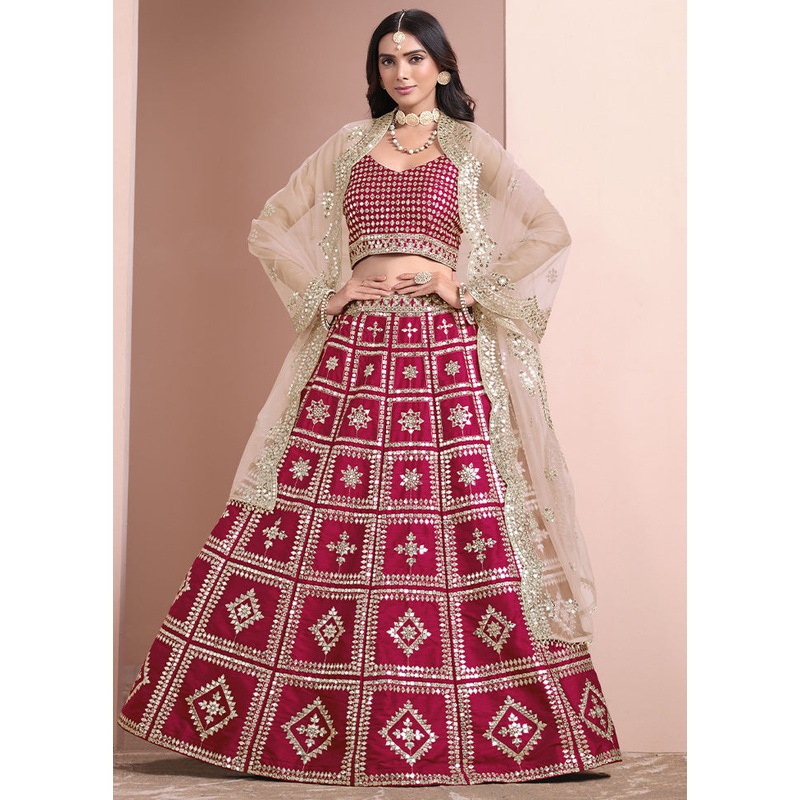 3 Pc Maroon Silk Semi Stitched Lehenga Set - JD986612999