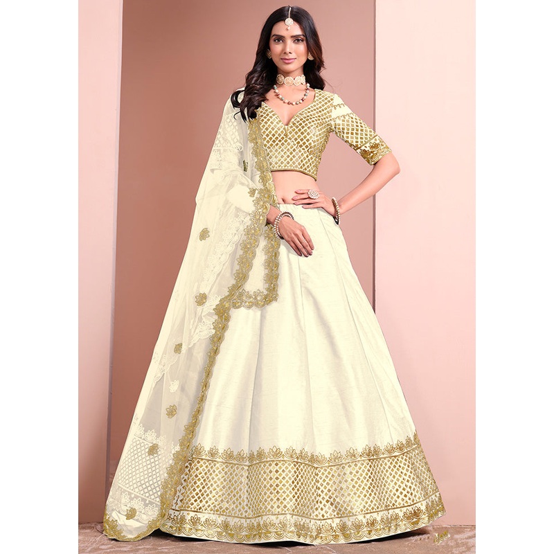 3 Pc Off White Silk Semi Stitched Lehenga Set - JD986612997