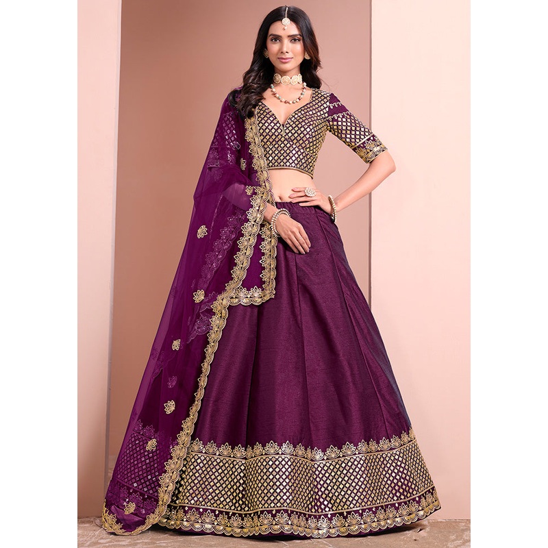 3 Pc Purple Silk Semi Stitched Lehenga Set - JD986612996