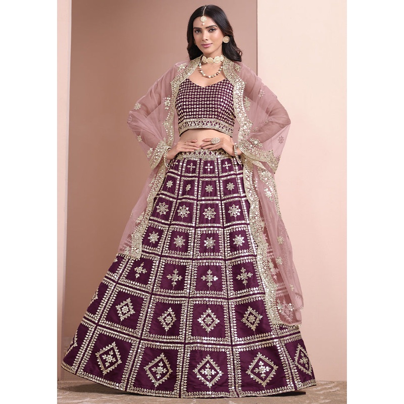 3 Pc Wine Silk Semi Stitched Lehenga Set - JD986612994