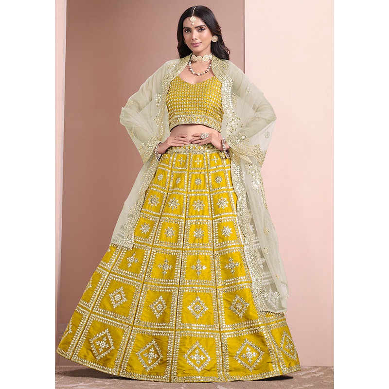 3 Pc Yellow Silk Semi Stitched Lehenga Set - JD986612993