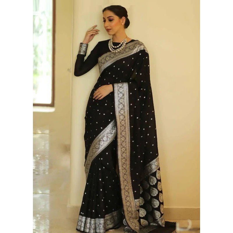 Black Banarasi Silk Saree With Blouse Piece - JD986612964