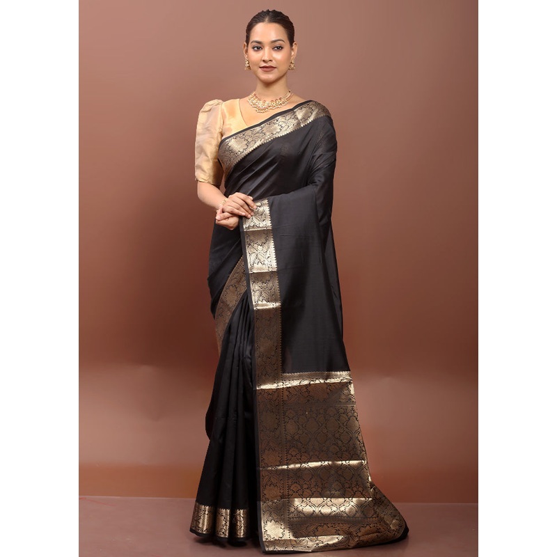 Black Dupion Silk Saree With Blouse Piece - JD986612962
