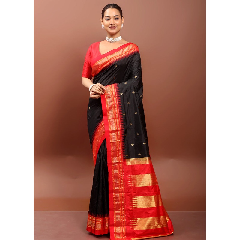Black Handloom Kanjivaram Pure Silk Saree With Blouse Piece - JD986612961