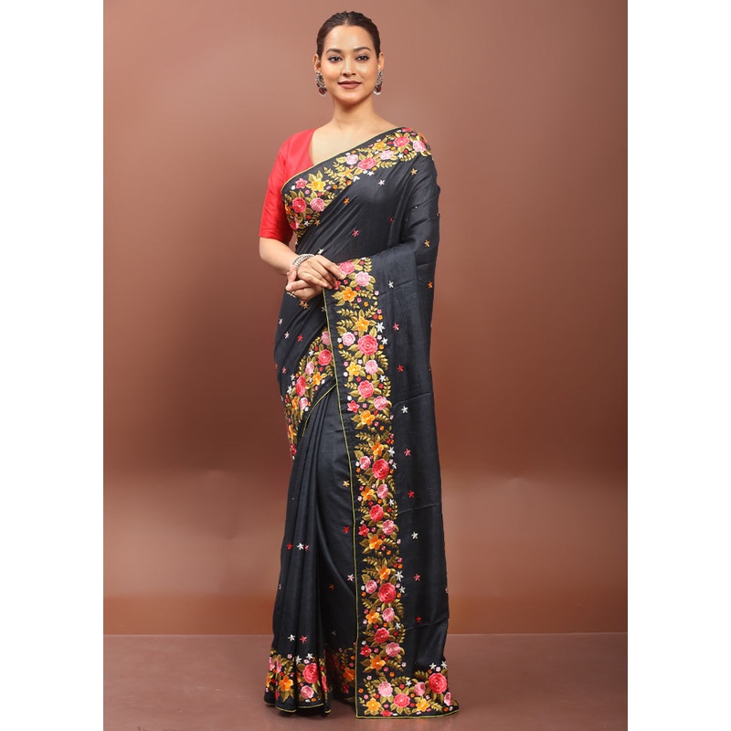 Black Handloom Tussar Pure Silk Saree With Blouse Piece - JD986612959