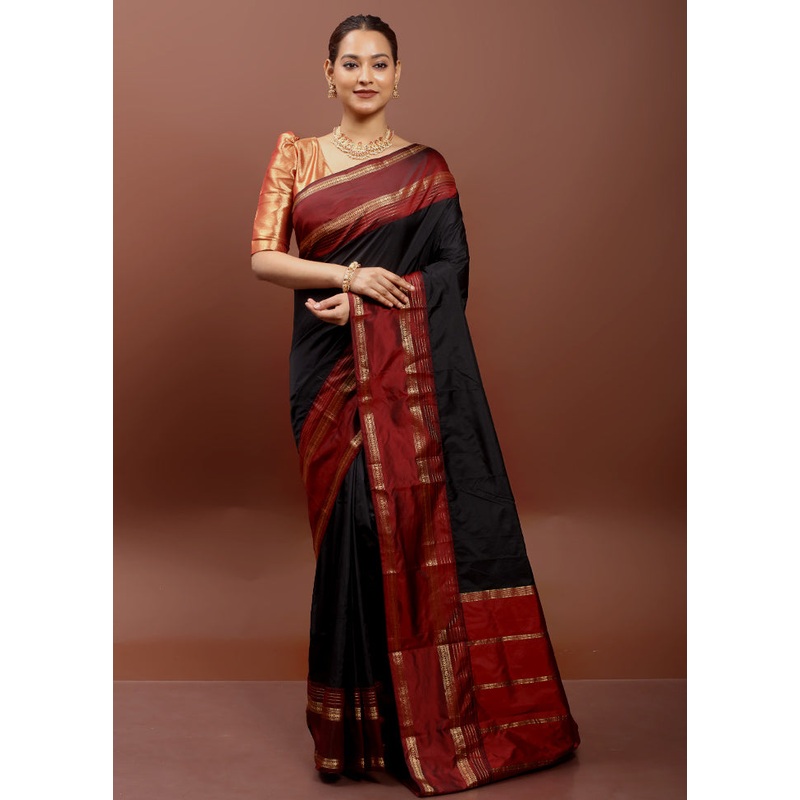 Black Kanjivaram Silk Saree With Blouse Piece - JD986612958