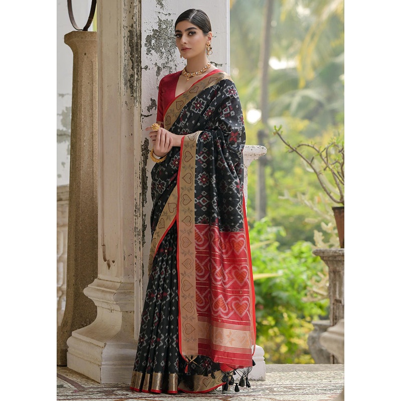 Black Spun Silk Saree With Blouse Piece - JD986613012
