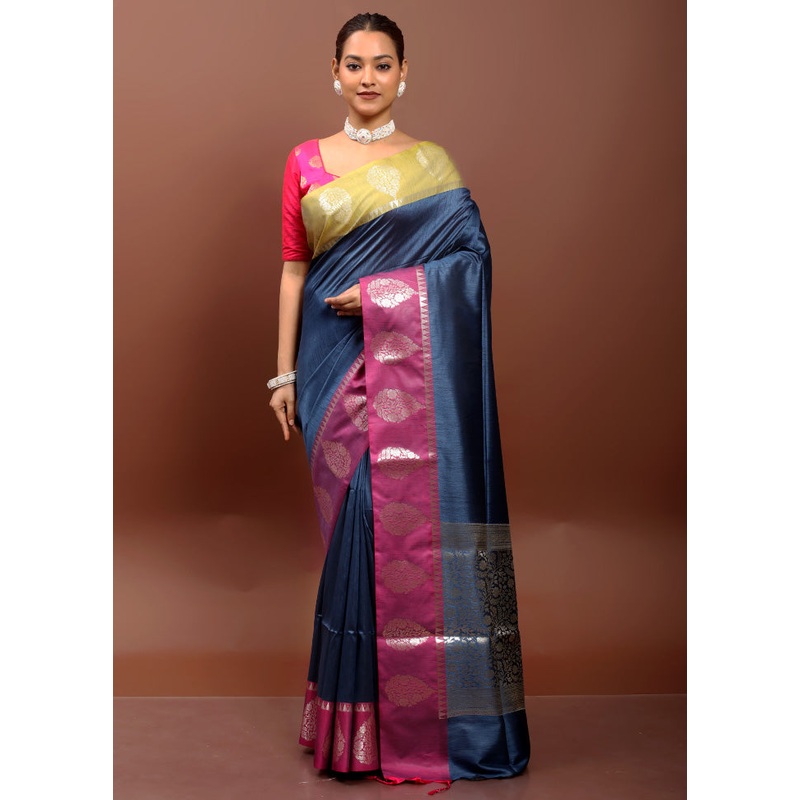 Blue Cotton Saree With Blouse Piece - JD986612956