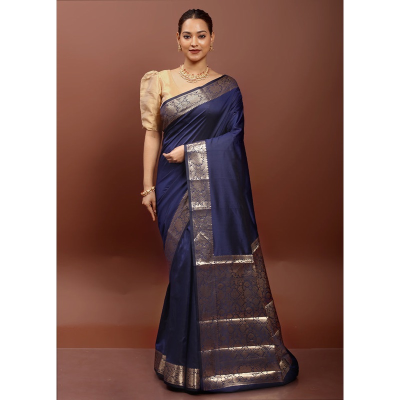 Blue Dupion Silk Saree With Blouse Piece - JD986612952