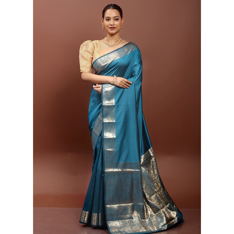 Blue Dupion Silk Saree With Blouse Piece - JD986612953
