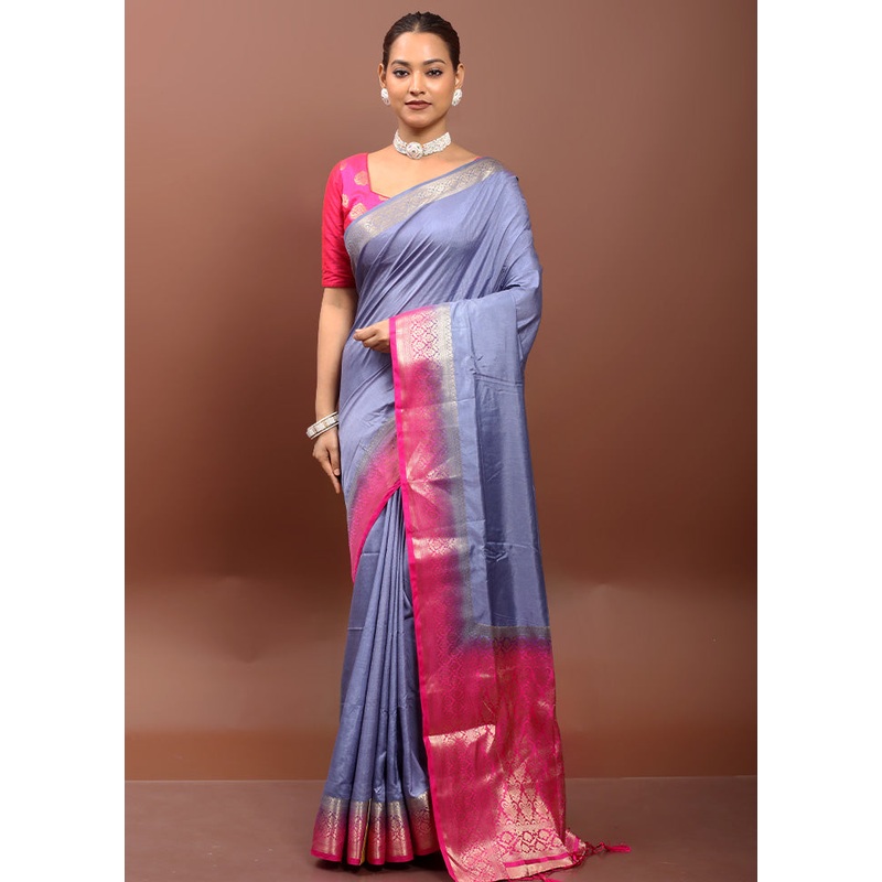 Blue Dupion Silk Saree With Blouse Piece - JD986612954
