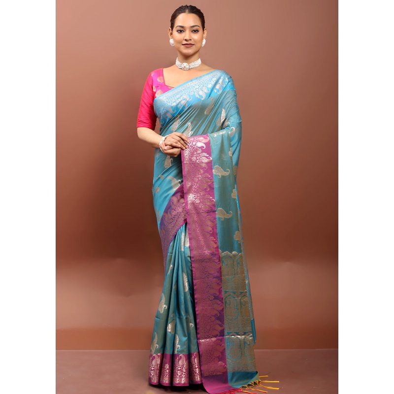 Blue Dupion Silk Saree With Blouse Piece - JD986612955