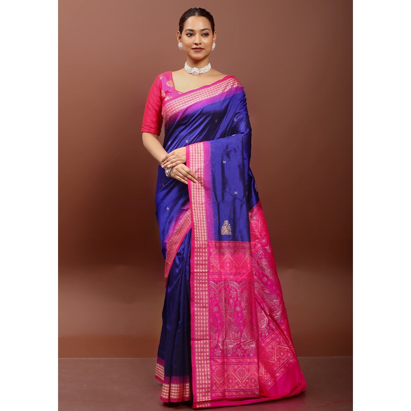 Blue Handloom Bomkai Pure Silk Saree With Blouse Piece - JD986612951