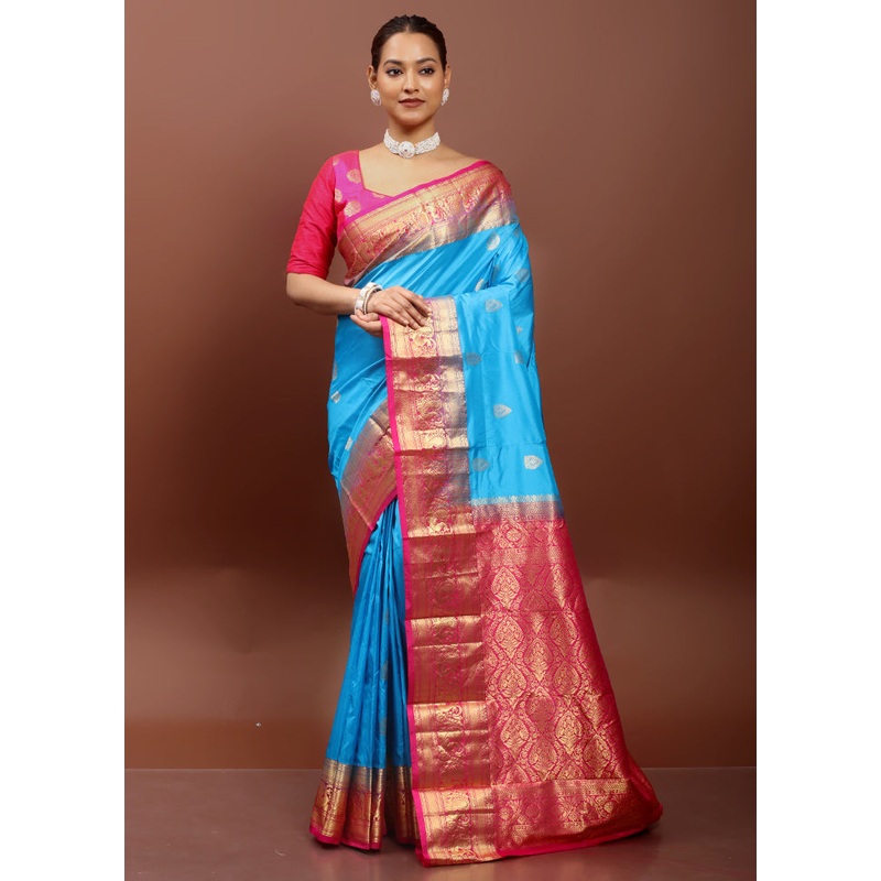 Blue Handloom Kanjivaram Pure Silk Saree With Blouse Piece - JD986612950