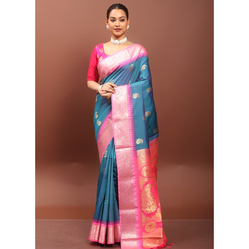 Blue Kanjivaram Silk Saree With Blouse Piece - JD986612949