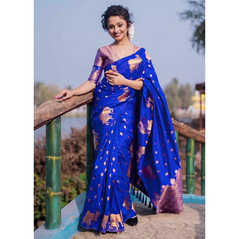 Blue Spun Silk Saree With Blouse Piece - JD986613011