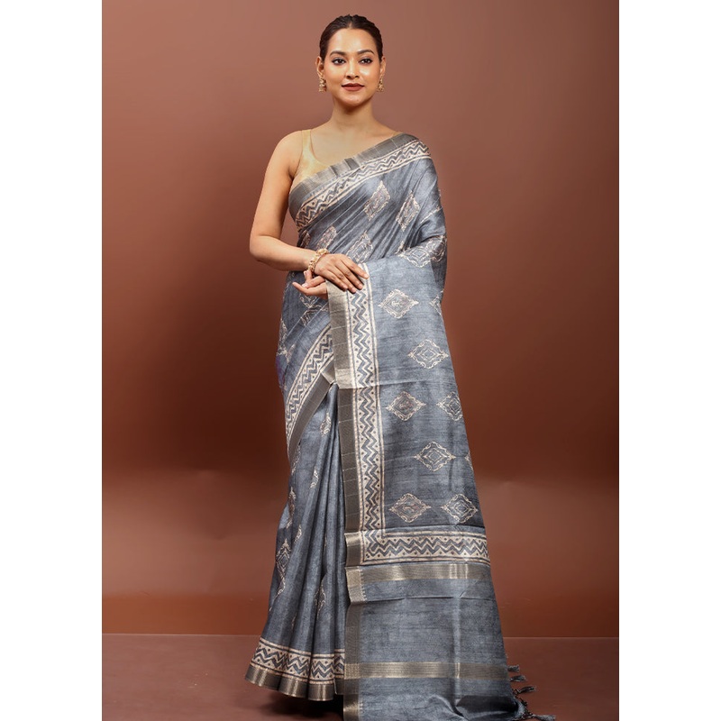 Blue Tussar Silk Saree With Blouse Piece - JD986612948
