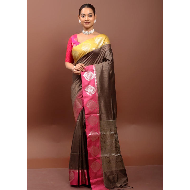 Brown Cotton Saree With Blouse Piece - JD986612947