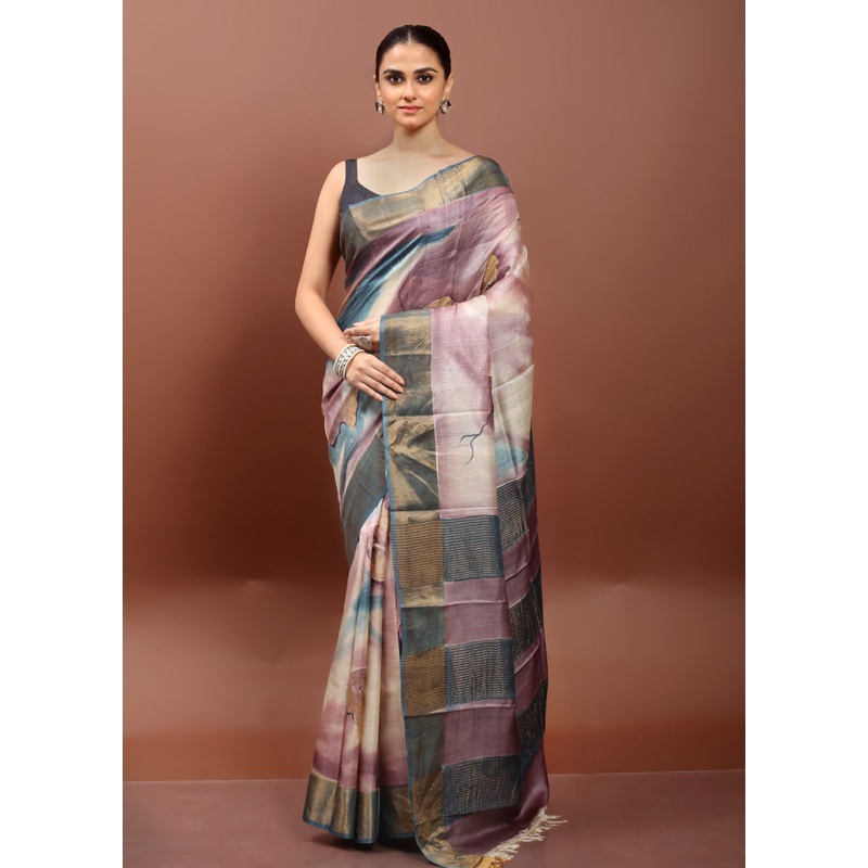 Cream Handloom Tussar Pure Silk Saree With Blouse Piece - JD986612945