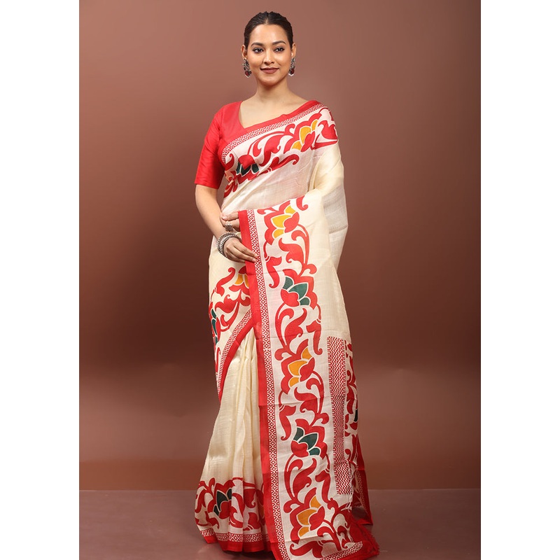 Cream Printed Pure Silk Saree Without Blouse Piece - JD986612941