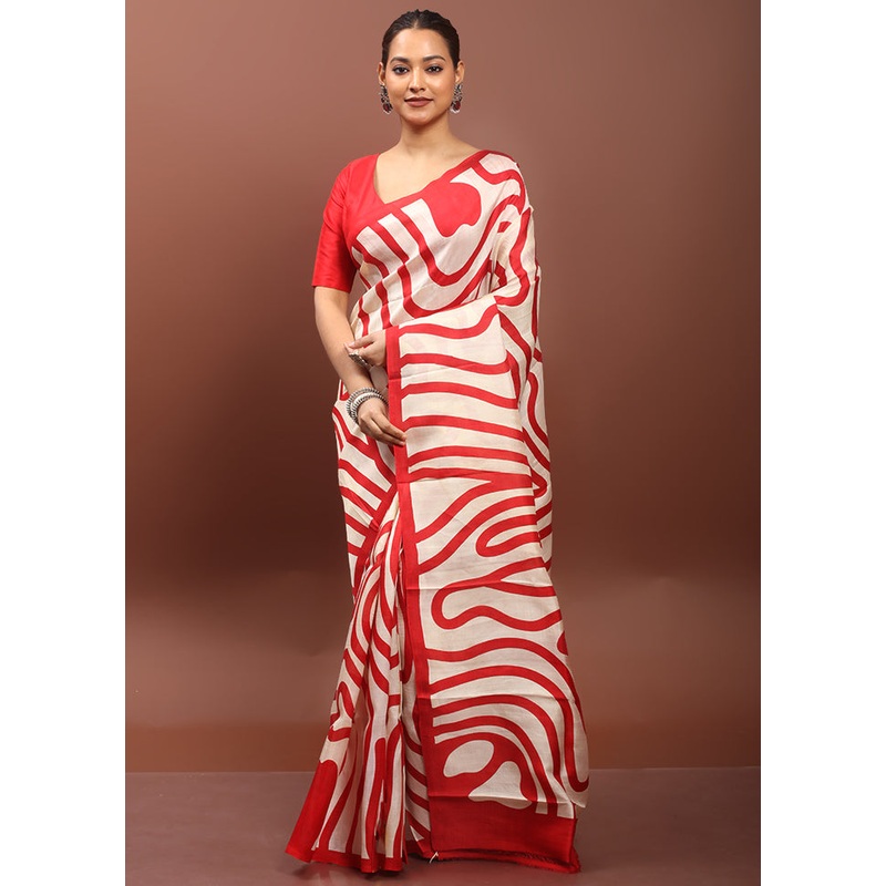 Cream Printed Pure Silk Saree Without Blouse Piece - JD986612942