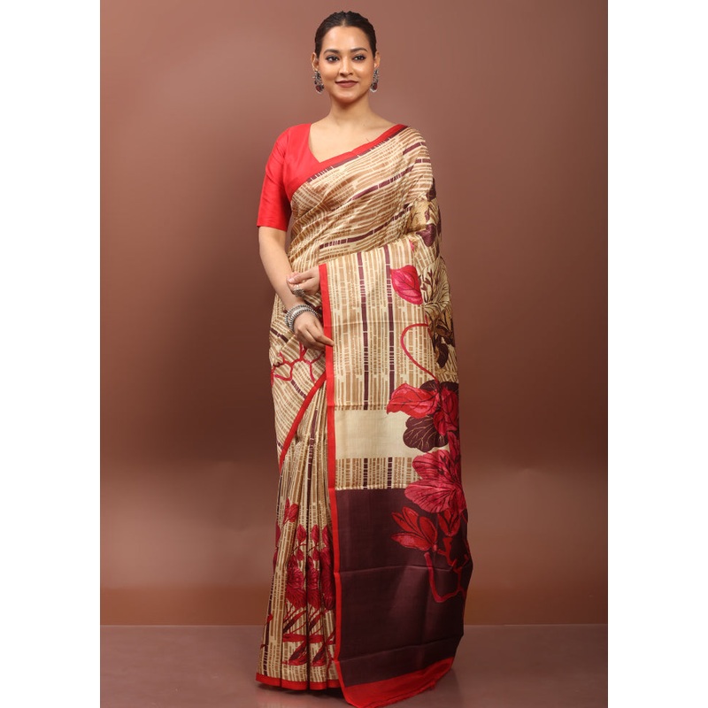 Cream Printed Pure Silk Saree Without Blouse Piece - JD986612943