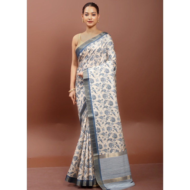 Cream Tussar Silk Saree With Blouse Piece - JD986612935