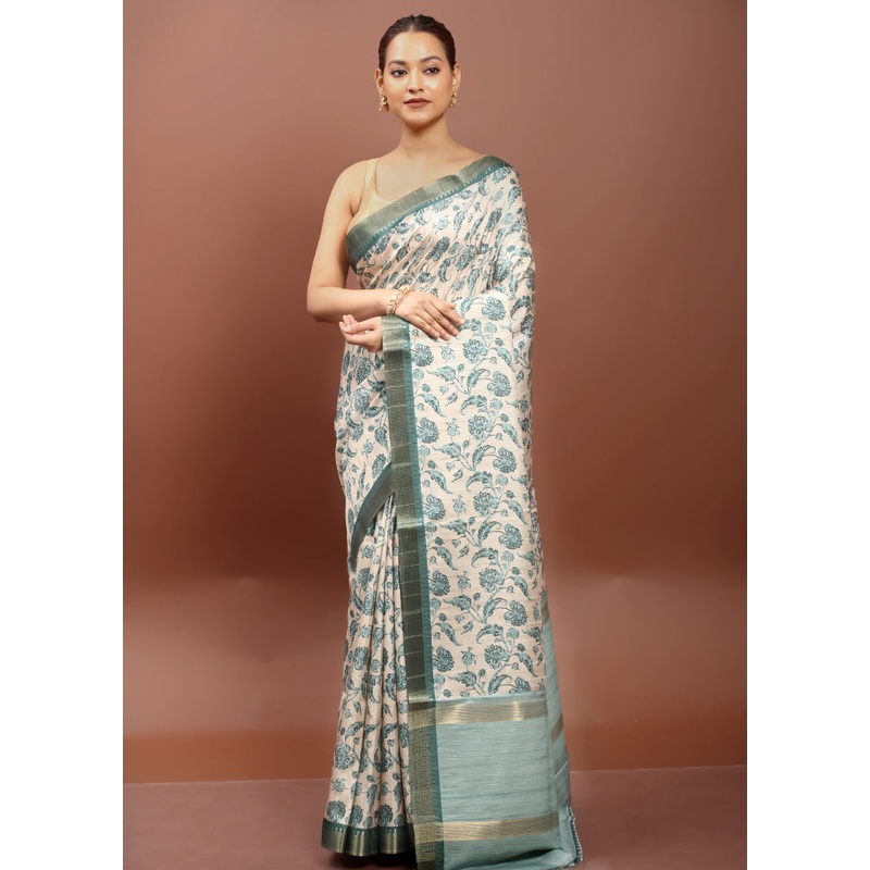 Cream Tussar Silk Saree With Blouse Piece - JD986612936