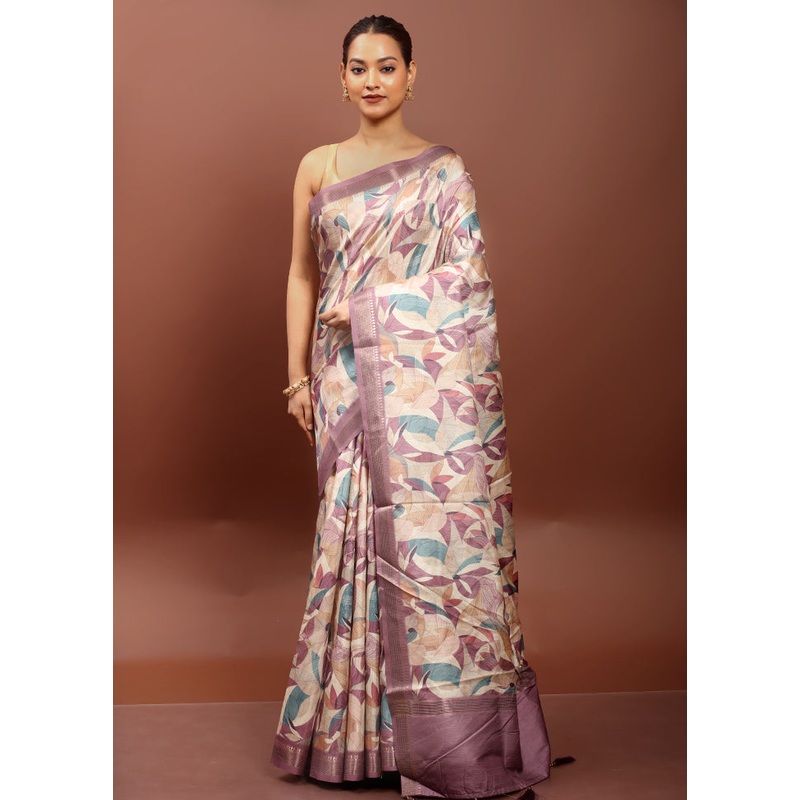 Cream Tussar Silk Saree With Blouse Piece - JD986612937